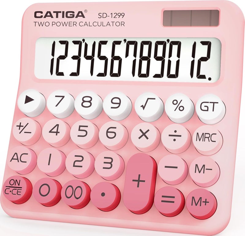 CATIGA Mechanical Switch Calculator with Solar and Battery Dual Power, 12-Digit Large LCD Display, Aesthetic and Cute Desktop Calculator with Big Button, for Home, School and Office Use, SD-1299 - Image 1
